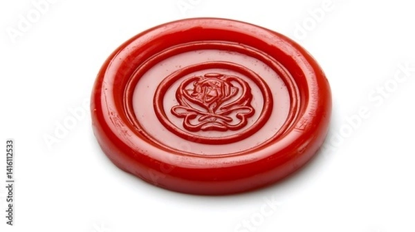 Fototapeta Red Wax Seal with Intricate Floral Design on White Background