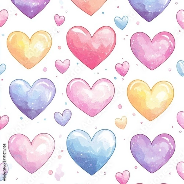 Fototapeta Pastel hearts repeat pattern.  Delicate, colorful hearts in a repeating pattern on a white background.  Soft watercolor style