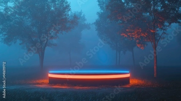 Fototapeta Glowing blue and orange lights in mysterious foggy forest scene, abstract and mystical atmosphere with circular illuminated object