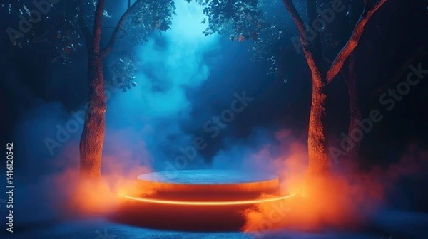 Fototapeta Glowing orange circular platform surrounded by mist and mystical forest scene, illuminated trees and striking color contrasts