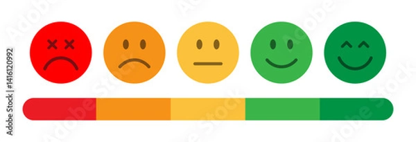 Obraz Set of feedback scale with five emoticons from sad to happy. Perfect for surveys, reviews, user experience, and satisfaction metrics. Rating emoji, feedback , emoji, Vector, icons.