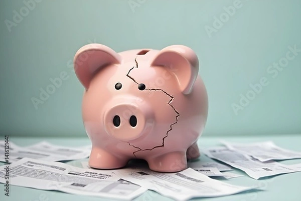 Obraz Financial crisis depiction with broken piggy bank and overdue debt statements on a desk