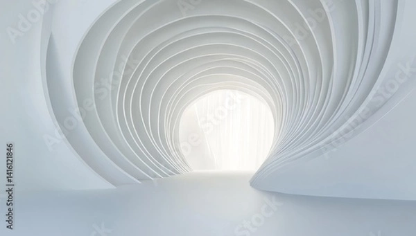 Fototapeta Abstract white tunnel, swirling architectural design, light at end.