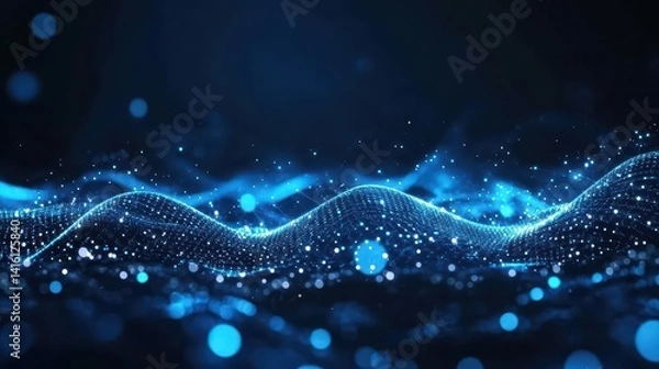 Fototapeta Blue and black abstract digital waves with glowing white dots AIG535