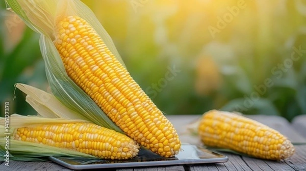 Fototapeta Blurred image Farmers use tablets to analyze data and experiment with growing corn AI data innovation improves cultivation efficiency for quality Analysis of farmer corn farming ag