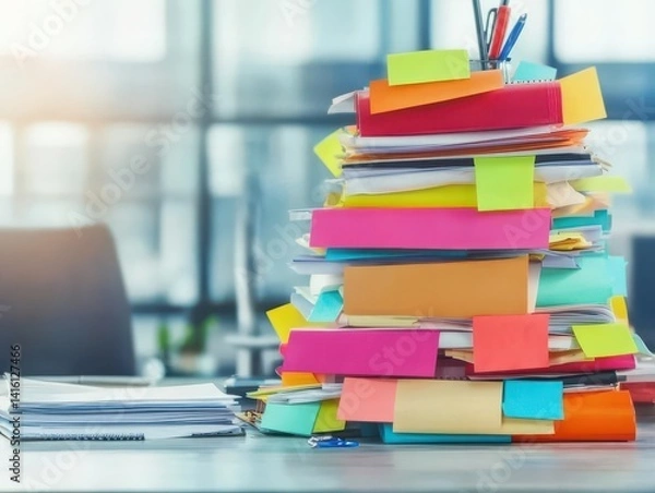 Obraz Blurred of Cluttered desk, full of documents A mess desk with many working stuff