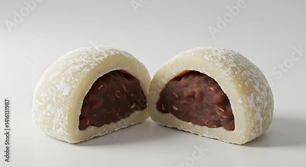 Fototapeta Two halves of a sweet, glutinous rice cake with a red bean filling, dusted with powder, presented on a plain white backdrop.
