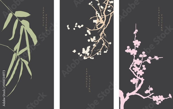 Fototapeta Japanese background with Asian traditional icon vector. Cherry blossom flower and bamboo leaf pattern elements. Geometric pattern in vintage style on.
