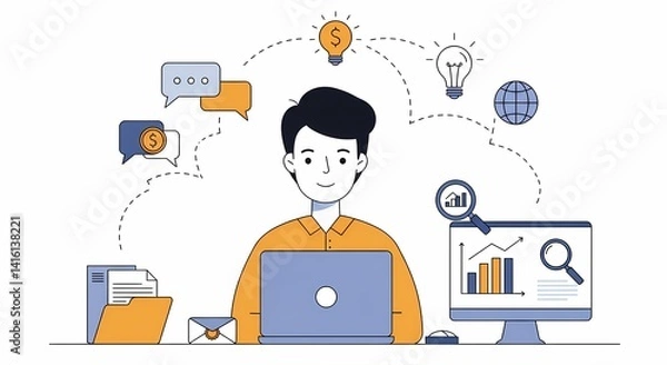 Obraz A vector cartoon depicts a person engaged in online work on a laptop, surrounded by icons symbolizing ideas, communication, financial growth, and global reach. 