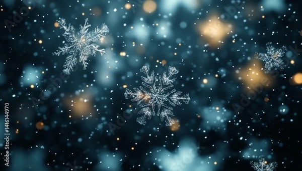 Fototapeta Sparkling snowflakes falling on dark blue background with bokeh lights.