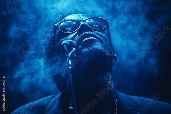 Fototapeta A Man Singing Into a Microphone Surrounded By Blue Haze