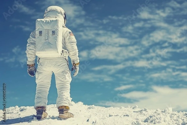 Fototapeta Astronaut stands on white surface with a blue sky background, looking far away