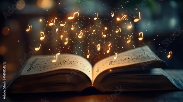 Fototapeta Music Notes Flowing From Open Book with Magical Effect