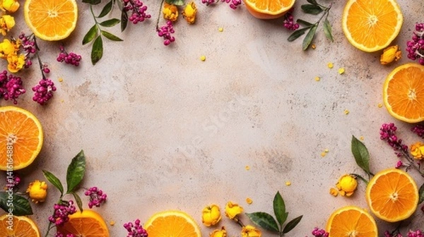 Fototapeta Vibrant Arrangement of Fresh Oranges and Colorful Flowers on a Light Background Creating a Lively Decorative Frame
