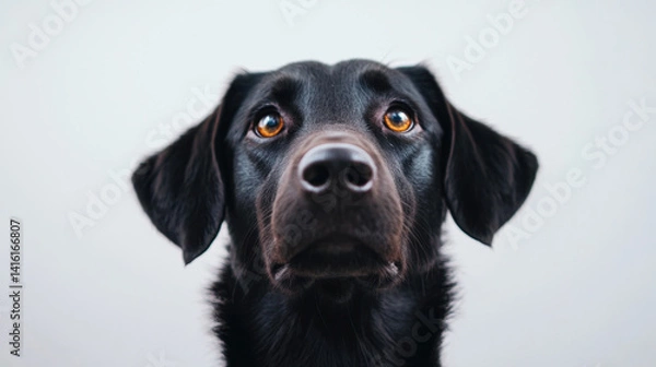 Fototapeta close up of black dog with expressive brown eyes, showcasing its shiny fur and attentive demeanor. This captures essence of loyalty and companionship