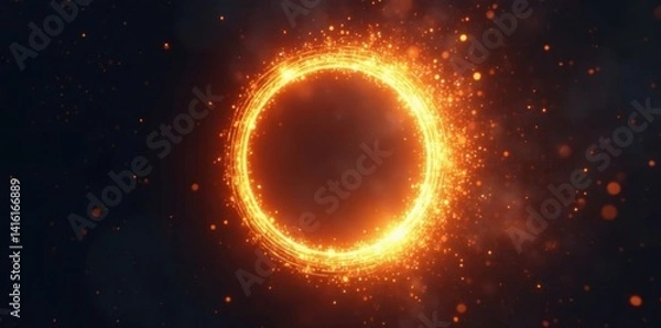 Obraz A radiant circle of abstract golden light floats in the darkness, mystery, void