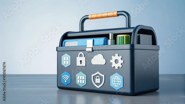 Obraz A briefcase filled with various essential items symbolizing a digital toolbox for professionals