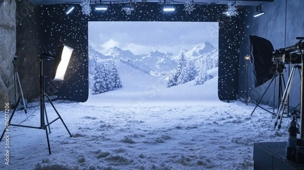 Fototapeta Winter wonderland creation, studio setting with snowy mountain backdrop