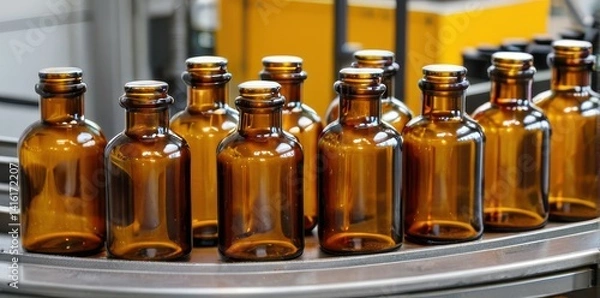Obraz Amber Glass Bottles on Conveyor Belt in Factory