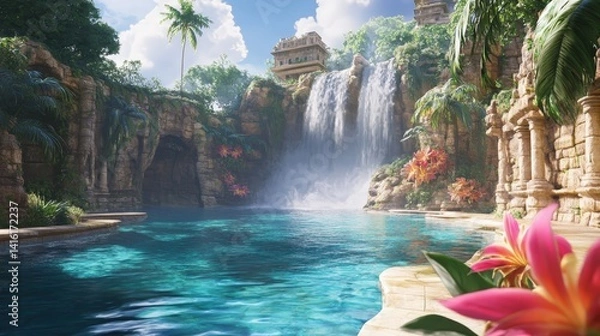 Fototapeta Tropical Paradise Waterfall: Serene turquoise water flows from a majestic waterfall into a tranquil lagoon, surrounded by lush tropical vegetation and ancient ruins. Pink flower in foreground.