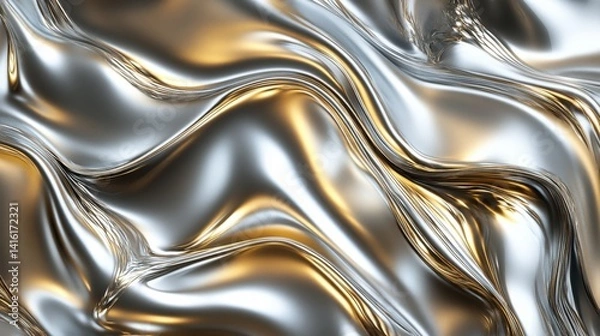 Fototapeta Luxurious Metallic Fluidity: An abstract rendering of molten silver and gold forms a mesmerizing, elegant, and dynamic texture, exhibiting smooth, flowing surfaces and a sense of liquid opulence.