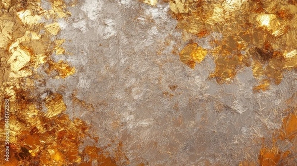 Fototapeta Gold Leaf Texture: Close-up of exquisite gold leaf against a weathered surface, revealing the captivating textures and allure of opulent artistry.