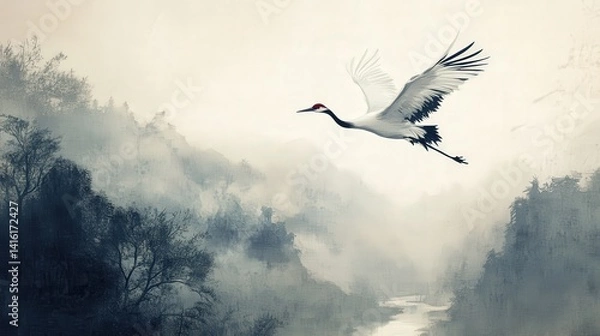 Fototapeta Red-crowned Crane in Flight: A majestic red-crowned crane soars gracefully over a misty mountain landscape, its wings outstretched in elegant flight. The scene evokes a sense of serenity and freedom.