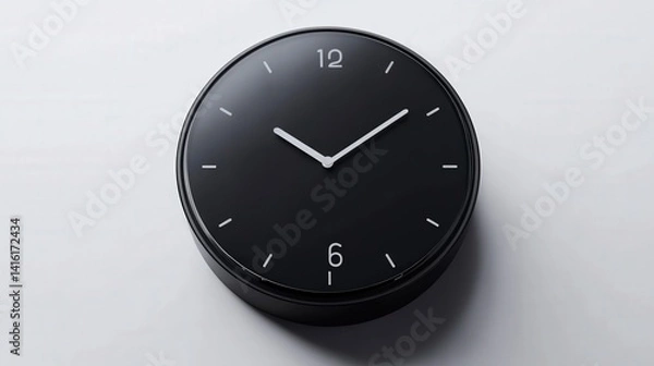 Fototapeta Black Round Clock: Simple and elegant black round clock on a wall, showcasing minimalist design with clear white hands and numbers. Perfect for modern interiors.