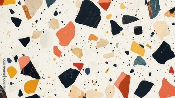 Fototapeta Terrazzo Composition: An eye-level view showcasing a modern composition of terrazzo, featuring an array of irregular stone pieces in various colors, artfully arranged to create a contemporary design