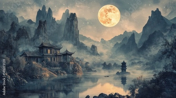 Fototapeta Ancient Sanctuary Under the Moonlight: A mystical painting showcases a serene ancient sanctuary under the soft glow of a full moon, nestled among towering mountains and a tranquil lake.