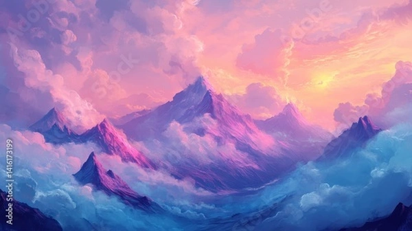 Fototapeta Serene Mountainscape at Dawn: A breathtaking vista unfolds, with majestic mountains piercing through a sea of fluffy, pastel-colored clouds as the sun rises.