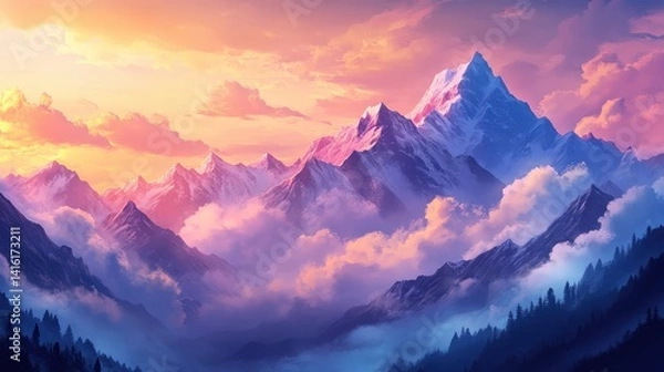 Fototapeta Majestic Mountain Vista: The image showcases a majestic mountain range reaching towards the sky, bathed in a spectrum of colors, where the peaks pierce the clouds. A vibrant view of nature