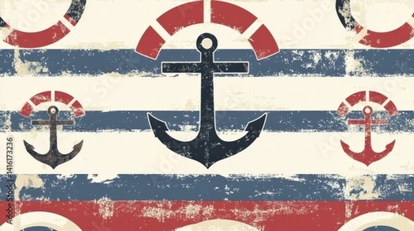 Fototapeta Nautical Pattern: A classic nautical design with anchors, life rings, and stripes in a textured style evoking the sea and coastal life.