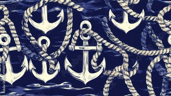 Fototapeta Nautical Charm:  An intricate illustration of anchors and ropes against a deep blue backdrop, exuding a sense of maritime elegance and adventure.