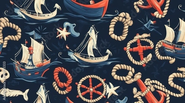 Fototapeta Nautical Dreams: An array of nautical elements, evoking the spirit of adventure and seafaring. Featuring seamless patterns of ships, anchors, and ropes, this illustration.