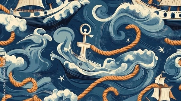 Fototapeta Waves and Anchor Seamless Illustration: Intricate illustration featuring waves, rope and anchor, evoking feelings of maritime adventure and coastal exploration.