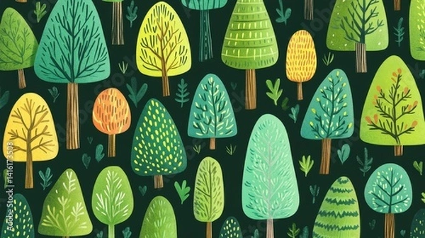 Fototapeta Whimsical Woodland Wonderland: A vibrant pattern of stylized trees in an array of shapes and colors, evoking a sense of playfulness and natural beauty. 