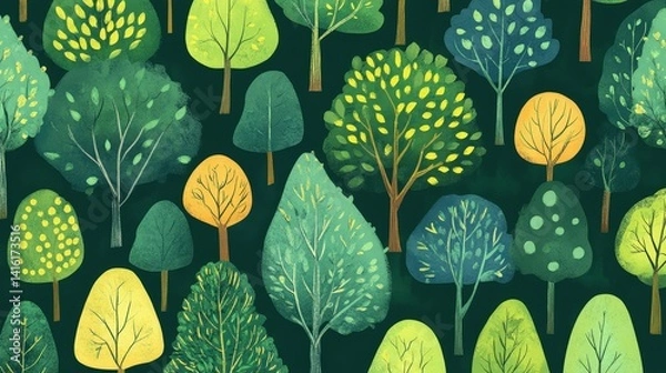Fototapeta Vibrant Forest Canopy: An illustration of diverse, stylized trees, with varied forms and lush green foliage, creating a captivating visual narrative of nature's beauty.