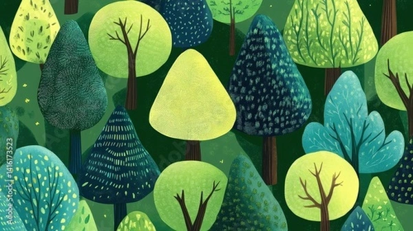 Fototapeta Lush Forest Canopy: A vibrant illustration of a dense forest canopy, displaying various shapes and shades of green, evoking a sense of serenity and the beauty of nature.