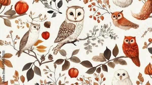 Fototapeta Autumn Owls Pattern: Charming watercolor owls nestled amongst autumn leaves, apples, and acorns. A delightful pattern ideal for fall-themed projects.