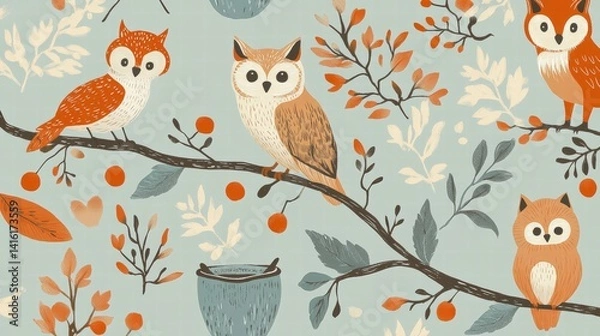Fototapeta Owl Serenade: Whimsical Illustration of owls perching on a vibrant branch among autumn foliage, evoking a sense of calm and enchanting allure. 