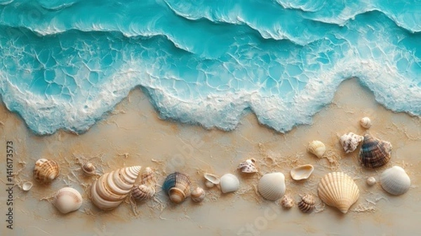 Fototapeta Seashells on Shore: A collection of unique seashells adorns a sandy beach. Crystal waves roll in, creating a serene seascape scene, capturing the essence of a perfect day.