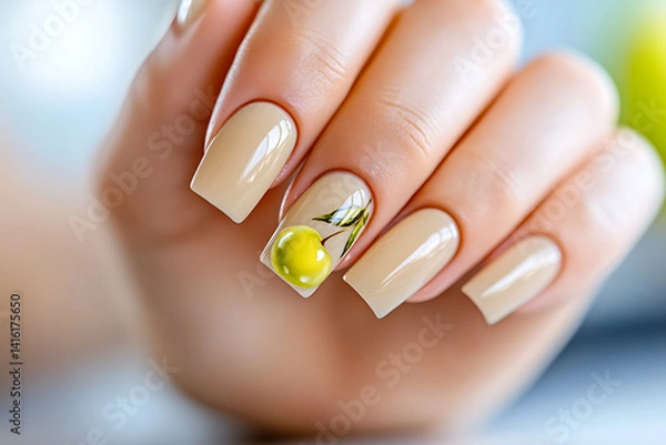 Obraz A hand displaying polished nails one featuring a 3D yellow fruit design with leaves.