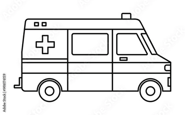 Fototapeta Black single ambulance car line icon, simple emergency medical service vehicle flat design illustration drawing for app ui ux web button interface pictogram elements isolated on white background