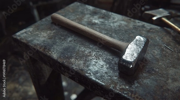 Fototapeta Crafting Precision: A meticulously crafted hammer lies at rest on a seasoned workbench, capturing the essence of artisanal skill and the dedication to the craft.