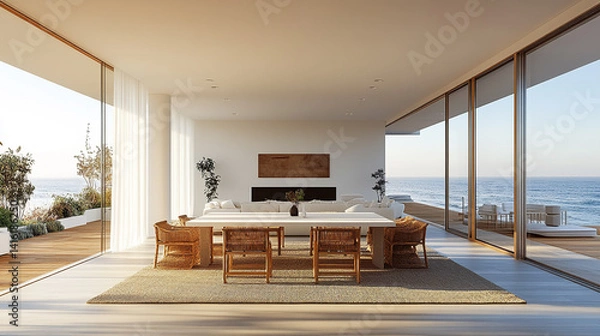 Fototapeta Modern Coastal Dining Room with Ocean Views.ai generated