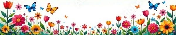 Fototapeta Colorful doodle banner with garden flowers and butterflies, butterflies, illustration, garden