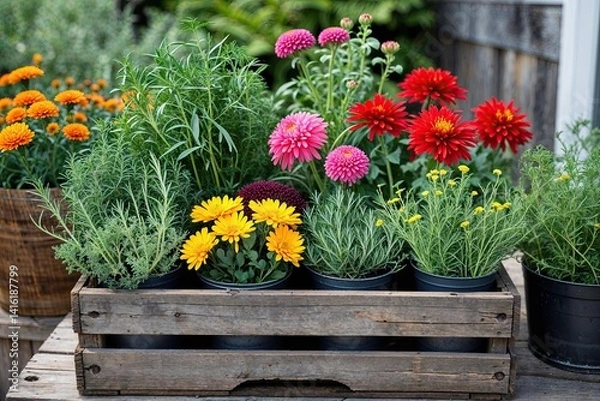 Obraz Rustic Crate with Assorted Herbs and Colorful Chrysanthemums for a Cozy Garden Arrangement