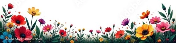 Obraz Colorful flowers and foliage with black outlines against a contrasting white background, vibrant colors, botanical illustrations