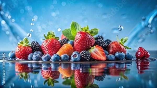 Obraz Refreshing Juicy Berries in a Splash of Water, a Vibrant Display of Nature's Sweetness
